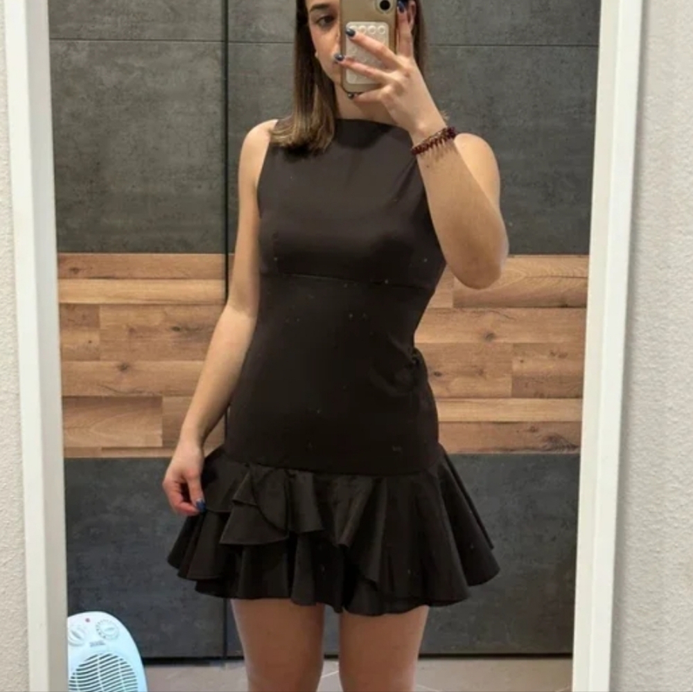 ZARA NWT Short Ruffled Dress in Chocolate Brown Size M - Picture 16 of 16
